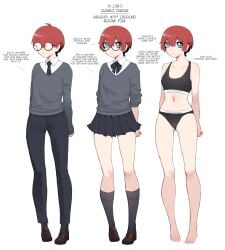 1girls blue_eyes character_sheet english_text female female_only glasses hi_res junko_(luxurias) lingerie looking_at_viewer luxurias neck_ribbon original original_character panties red_hair round_glasses school_uniform schoolgirl skirt solo text tomboy white_background