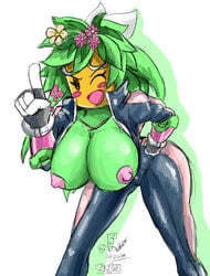 1girls 2019 big_breasts blaster_master blaster_master_zero blaster_master_zero_2 breasts cleavage clothed clothing erect_nipples eyebrows eyelashes female female_only flora_fauna flower green_hair green_skin hair huge_breasts humanoid humanoid_hands kanna_(blaster_master) latex mob_face nipples open_mouth open_smile plant plant_girl plantie smile thick thick_thighs unzipped_bodysuit viejillox voluptuous wide_hips