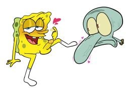 2boys anthro balls blue_skin blush cephalopod duo erection gay heart_symbol hearts joke joke_art large_nose looking_at_another looking_at_viewer male male_only nickelodeon nose octopodiform octopus open_mouth penis sea_sponge sitting small_penis socks spongebob_squarepants spongebob_squarepants_(character) squidward_tentacles white_background