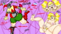 2d 2d_(artwork) 2d_artwork anus blonde_hair blowjob chubby chubby_futanari digital_media_(artwork) drooling feet futanari harley_quinn harley_quinn_(classic) high_heel_boots masturbation mr_plushgore precum redesign saliva saliva_on_breasts sloppy sloppy_blowjob text trans_woman transgender transgender_flag