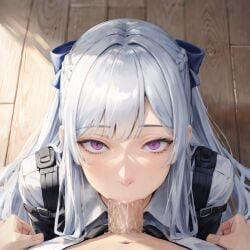 1girls ai_generated ak-12_(girls'_frontline) blowjob fellatio girls'_frontline oral oral_sex pov pov_eye_contact purple_eyes tripogibeli white_hair