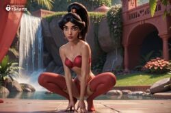 1girls ai_generated aladdin aladdin_(1992_disney_film) artist_name bare_shoulders black_hair bra breasts brown_eyes cleavage collarbone day disney disney_princess earrings female flower full_body hi_res high_ponytail instagram_logo jewelry lips long_hair looking_at_viewer medium_breasts navel outdoors panties ponytail princess_jasmine r34arts red_bra red_lips red_panties red_thighhighs solo spread_legs squatting strapless strapless_bra thighhighs tiptoes underwear water waterfall