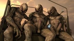 3d_(artwork) absurd_res alien anthro balls digital_media_(artwork) erection genitals group halo_(series) hi_res humanoid_genitalia humanoid_penis male mandibles margevonn microsoft nude penis sangheili sitting source_filmmaker_(artwork) teeth trio truck vehicle xbox_game_studios