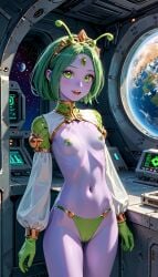 ai_generated alien alien_girl alien_humanoid breasts breasts_out green_hair monster monster_girl nude original_character outer_space pose posing purple_skin queen_xarhila royalty smile smiley_face space spaceship terror139 thong tits_out zelfara_monster_girls