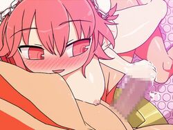 animated blush cum cum_in_hand edit from_above handjob kasen_ibaraki nipple_suck pink_hair red_eyes short_hair touhou yassy