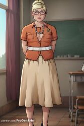 1girls ai_generated archer_(series) arms_behind_back bead_necklace blonde_hair blue_eyes breasts chalkboard classroom cleavage curtains desk earrings glasses hair_bun hi_res indoors jewelry lips long_skirt looking_at_viewer mature_female medium_breasts necklace no_bra orange_shirt pam_poovey pearl_necklace progenarts shirt short_sleeves single_hair_bun skirt smile solo standing teacher updo watermark white_belt window