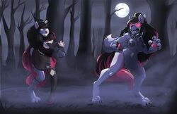 2017 absurd_res angry animate_inanimate anthro big_breasts black_hair breasts canid canine clothing detailed_background female glowing glowing_eyes hair helixjack hi_res inflatable living_inflatable mammal moon night nipples nude open_mouth pussy solo standing torn_clothing transformation tree were werecanid werecanine werewolf wide_hips