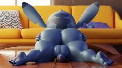 2024 3_toes 3d 5_fingers alien anthro anus ass balls big_balls big_butt big_ears blue_body blue_fur bubble_butt butt_focus circumcised claws digital_media_(artwork) disney experiment_(lilo_and_stitch) feet fingers floor fur furniture genitals geometryboymejia head_markings hi_res humanoid_genitalia humanoid_penis inside lilo_and_stitch male markings on_flower penis pink_anus presenting presenting_hindquarters rear_view short_stack sofa solo spread_legs spreading stitch_(lilo_and_stitch) thick_thighs toes wood wood_floor