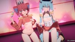 2girls 3d ahoge black_panties blue_eyes blue_hair blush breasts candycookiechocolate dango embarrassed female female_only hatsune_miku kasane_teto kasane_teto_(sv) kneeling long_hair mv_character navel nipples painted_nails panties red_eyes red_hair showing_panties skirt skirt_lift small_breasts striped_panties sweat sweatdrop synthesizer_v thighs twin_drills twintails two_tone_hair underboob utau vocaloid