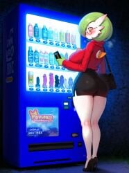 ai_generated anthro areolae bedroom_eyes big_breasts breasts female furry gardevoir green_hair hips huge_thighs looking_at_viewer nintendo non-human_areolae pokemon pokemon_(species) red_eyes shiny_skin short_hair solo solo_female solo_focus white_skin