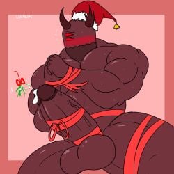 bara blush_lines christmas christmas_hat demon gay horns lustfulsai original_character red_body solo tied_hands