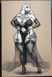 ai_generated anthro anthro_milf furry goat_girl goat_milf high_heels huge_breasts lingerie nipple_piercing thighhighs toriel undertale werewolfmortisad294