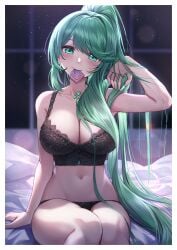 1girls adjusting_hair black_bra black_panties blurry blurry_background bra breasts chest_jewel condom condom_in_mouth condom_wrapper core_crystal core_crystal_(xenoblade) curry_bowl green_eyes green_hair high_ponytail highres large_breasts long_hair looking_at_viewer mouth_hold navel on_bed panties pneuma_(xenoblade) ponytail sitting smile solo swept_bangs underwear underwear_only very_long_hair xenoblade_(series) xenoblade_chronicles_2