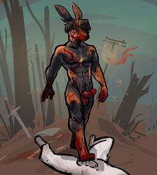 anthro arrow_(weapon) balls biped blood blood_on_face bodily_fluids cock_and_ball_torture duo erection fingers foreskin genital_torture genitals hair hare humanoid_genitalia humanoid_penis inner_ear_fluff jam_(artist) lagomorph leporid male male/female mammal melee_weapon penis plant ranged_weapon sword tree tuft weapon