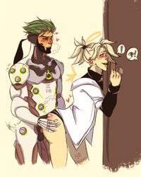 anal anal_sex asian_male_white_female blonde_hair blush blushing duo female gency genji green_hair male mercy nanaxann overwatch straight tagme tied_hair wholesome