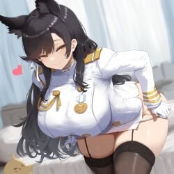 ai_generated animal_ear_fluff animal_ears atago_(azur_lane) azur_lane bed bedroom gloves half-closed_eyes heart jaygoats long_hair looking_at_viewer milf thick_thighs thighhighs undressing white_panties