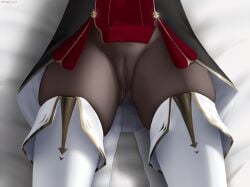 absurdres ass_visible_through_thighs black_pantyhose boots chevreuse_(genshin_impact) close-up commentary_request fanbox_username female fold-over_boots genshin_impact highres lying on_back paid_reward_available pantyhose patreon_username solo solo_female spread_pussy_under_clothes thigh_boots thighs white_footwear z282g