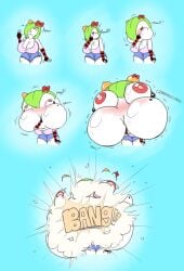 blowing_thumb bursting cheeks_inflation cleavage colored comic eyes_bulging female head_inflation hyper_cheeks kirlia pokemon pokemon_(species) popping puffed_cheeks self_inflation semi-stick sequence uber_inflation