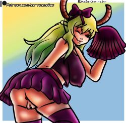 1girls cheerleader cheerleader_uniform corvo_caotico female_only green_hair horns kinktober kinktober_2023 kobayashi-san_chi_no_maidragon long_hair looking_at_viewer lucoa lucoa_(maidragon) miniskirt nipple_bulge no_panties no_panties_under_skirt page_30 quetzalcoatl_(dragon_maid) rear_view skirt winking