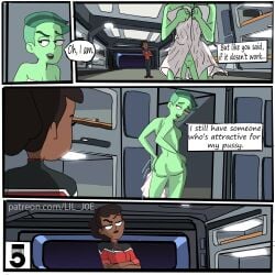 beckett_mariner casual casual_towel clothing comic d'vana_tendi dark_skin english_text female green_skin hexxus human lesbian_sex lil_joe monster page_5 star_trek star_trek_lower_decks towel towel_only