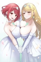 2girls alternate_costume big_breasts breastsrncore_crystal bride female female_only mythra nintendo pyra symmetrical_docking taro_(peach_taro51) wedding_dress xenoblade_(series) xenoblade_chronicles_2