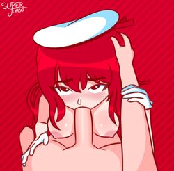 areolae blush breasts fellatio gloves hand_on_arm hand_on_head holding_arm holding_head kneeling long_hair looking_at_viewer medium_breasts nipples on_knees original original_character penis pov red_eyes red_hair sailor_hat super_jumbo very_long_hair