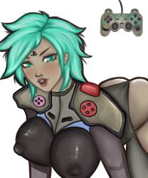 all_fours aqua_eyes aqua_hair armor ass_up big_breasts big_nipples black_body controller dark-skinned_female dark_skin fanart female female_focus female_only joystick nipple_bulge nipples oc olive_skin only_female zeurita