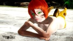 3d beach beach_background blush breasts breath_of_fire breath_of_fire_ii cat_girl cat_humanoid catgirl facepaint furry furry_female green_eyes katt katt_(breath_of_fire) laying laying_on_stomach naked naked_female nude nude_female purple_nails red_hair riaykuras_playground rinpoo_chuan self_upload stripes violet_nail_polish