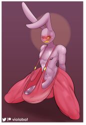 abstract_background absurd_res anthro big_penis blush bodily_fluids clothing embarrassed genitals hi_res jax_(the_amazing_digital_circus) kneeling lagomorph leporid long_penis male_only mammal overalls penis purple_body rabbit sweat the_amazing_digital_circus viola_bat yellow_eyes