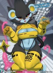 2d 2d_(artwork) black_fur blue_fur blush boob_window burgerkiss female gloves imminent_rape luxray open_mouth pink_slime pokemon pokemon_(species) red_sclera slime space_station spacecraft speech tentacle tentacle thighhighs thong two_tone_fur yellow_iris yellow_thong