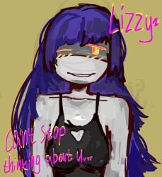 2girls aesthetic_wall_(artist) blush doll_(murder_drones) female female_only glitch_productions lizzy_(murder_drones) multiple_girls murder_drones robot robot_girl smile text violet_hair visible_nipples worker_drone yellow_eyes