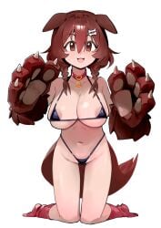 1girls :3 :d areola_slip bikini breasts collar dismassd dog_collar dog_gloves female full_body hololive hololive_gamers hololive_japan inugami_korone kneeling knees_together_feet_apart large_breasts micro_bikini paw_gloves paw_pose socks solo swimsuit virtual_youtuber white_background