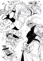 1boy animal_penis ass bar_censor bara blush censored cloaca covered_nipples cowboy_shot disembodied_head dragon_boy dragon_tail e_mouth69 erection eustass_kid feet_up fingering from_behind from_below fur-tipped_tail goggles goggles_on_head greyscale highres large_pectorals laughing lying male male_focus male_masturbation male_only masturbation monochrome monster_boy monsterification multiple_views muscular muscular_male nipples on_stomach one_piece pectorals penis scales scar scar_on_face sidepec tail thick_tail translation_request