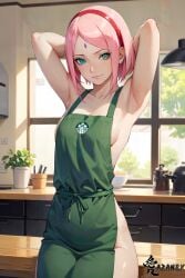 1girls adjusting_hair ai_generated almost_naked apron apron_only armpits arms_behind_head arms_up artist_name azanx8 barely_clothed barista boruto:_naruto_next_generations curvaceous facial_mark forehead_mark green_apron green_eyes indoors kitchen legs_together light-skinned_female light_skin looking_at_viewer mature mature_female meme_attire milf mostly_nude nai_diffusion naked_apron naruto naruto_(series) petite pink_hair pinup sakura_haruno smile solo solo_focus stable_diffusion starbucks thighs watermark