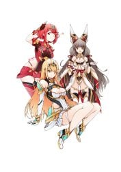 3girls animal_ears bad_id bad_pixiv_id blunt_bangs breasts cat_ears cleavage core_crystal high_res leotard multiple_girls mythra_(xenoblade) nia_(blade)_(xenoblade) nia_(xenoblade) nintendo pyra_(xenoblade) q-pra simple_background spoilers swept_bangs white_background xenoblade_(series) xenoblade_chronicles_2