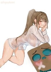 1girls areolae artist_name breasts brown_eyes brown_hair dopeybunni female female_only hololive hololive_english hololive_english_-council- hololive_english_-promise- light-skinned_female light_skin nanashi_mumei nipples solo virtual_youtuber vtuber wet_clothes