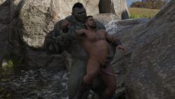 abs antaresmultiverse anus balls bodily_fluids duo fangs gay genital_fluids genitals human human_male humanoid humanoid_pointy_ears imminent_sex leaking_precum light_skin light_skinned_male male male/male mammal muscular muscular_humanoid muscular_male orc orc_male pecs penis precum size_difference teeth