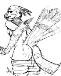 anthro ass avian breasts clothed clothing cum duo feathers female female_focus hi_res male monochrome pants_down partially_clothed penis side_boob sketch skully skullysilverwolf solo_focus straight