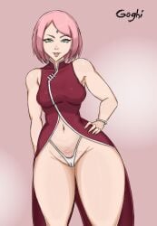 1girls boruto:_naruto_next_generations breasts clothed clothing curvy curvy_female curvy_figure goghi_(artist) green_eyes light-skinned_female light_skin long_hair naruto pink_hair pubic_hair sakura_haruno wide_hips