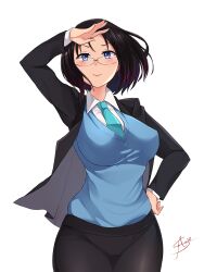 aori_sora arm_up black_hair blazer blue_eyes blush breasts closed_mouth collared_shirt commentary_request elma elma_(dragon_maid) female glasses gradient_hair hand_on_own_hip highres jacket kobayashi-san_chi_no_maidragon large_breasts long_sleeves looking_at_viewer miss_kobayashi's_dragon_maid multicolored_hair necktie office_lady pink_lips salute shirt short_hair signature skirt smile solo sweater_vest two-tone_hair white_background