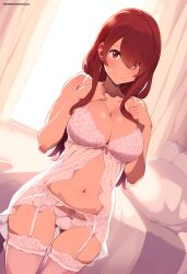 ai_generated bedroom erza_scarlet fairy_tail lingerie matalica novelai red_eyes red_hair self_upload smiling smiling_at_viewer white_lingerie