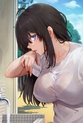 big_breasts black_hair bra cyclone cyclone_(reizei) gym_uniform long_hair looking_at_viewer midareuchi original original_character school_uniform sweat transparent_clothing water wet_clothes wet_shirt