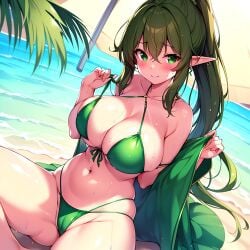 ai_generated beach big_breasts bikini bikini_bottom bikini_top breasts busty busty_female cameltoe cloak closed_legs clothed clothing covered_breasts covered_pussy cute elf female female_focus female_only giant_breasts green_bikini green_bikini_bottom green_bikini_top green_eyes green_hair green_swimsuit huge_breasts large_breasts long_ears long_hair lounging ocean partial_nudity partially_clothed plush pointy_ears ponytail pussy resting sitting solo solo_female solo_focus swimwear thick_hips thick_legs thick_thighs tropical vagina water wet wet_body