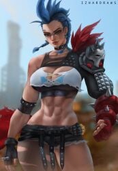 1girls abs big_breasts black_choker blizzard_entertainment blue_hair choker clothed clothing color female female_focus female_only hi_res izhardraws junker_queen large_breasts looking_at_viewer muscular muscular_female overwatch overwatch_2 piercing red_eyes ripped_clothing short_hair solo tagme tattoos thick_thighs