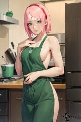 1girls ai_generated almost_naked apron apron_only artist_name azanx8 barely_clothed barista boruto:_naruto_next_generations breasts cleavage curvaceous facial_mark forehead_mark green_apron green_eyes indoors kitchen light-skinned_female light_skin looking_at_viewer mature mature_female meme_attire milf mostly_nude nai_diffusion naked_apron naruto naruto_(series) petite pink_hair pinup sakura_haruno smile solo solo_focus stable_diffusion starbucks watermark