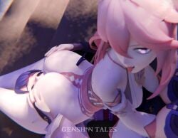 big_ass choking facesitting female female_only genshin_impact genshintales headscissor raiden_shogun thigh_choking yae_miko yuri