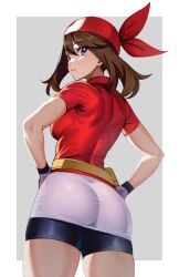 ass bandana bike_shorts blue_eyes breasts brown_hair closed_mouth commentary female from_behind gloves hair_between_eyes hands_on_own_hips long_hair looking_at_viewer looking_back may_(pokemon) medium_breasts miniskirt pokemon pokemon_rse red_bandana red_shirt shirt short_hair shorts shorts_under_skirt skirt solo standing thighs volyz white_skirt