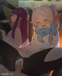 2boys 2girls baby_blue_clothing background_character bangs black_legwear black_pantyhose blue_scarf blunt_bangs blurry blurry_background blush blush_lines censored cfnm closed_eyes clothed_female clothed_sex clothing clothing_aside crotch_cutout crotchless_pantyhose dark_purple_hair elf eyebrows eyebrows_visible_through_hair eyes_closed fellatio female female_on_top fern_(sousou_no_frieren) fireplace frieren fur_trim furrowed_eyebrows half-closed_eyes hand_on_another's_head hand_on_head hime_eyebrows horizontal_ears indoors jacket kohei_moriya long_hair male mosaic_censoring multiple_boys multiple_girls neck_scarf open_mouth oral panties panties_aside pantyhose penetration penis pointy_ears purple_eyes purple_hair pussy scarf sex sousou_no_frieren spread_legs stark_(sousou_no_frieren) straight_hair thick_eyebrows torn_clothes torn_pantyhose twintails underwear vaginal_penetration violet_hair white_hair white_jacket white_panties