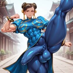 abs ai_generated big_breasts big_penis bulge bulge_through_clothing chun-li dickgirl erection_under_clothes female fighting_stance futanari kicking muscle muscle_futanari muscular_female penis_outline precum_drip street_fighter tagme thick_thighs wide_hips yo0001