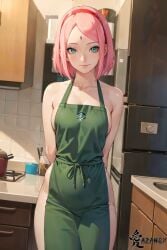 1girls ai_generated almost_naked apron apron_only arms_behind_back artist_name azanx8 barely_clothed barista big_breasts boruto:_naruto_next_generations cleavage curvaceous facial_mark facing_viewer forehead_mark front_view green_apron green_eyes indoors kitchen light-skinned_female light_skin looking_at_viewer mature mature_female meme_attire milf mostly_nude nai_diffusion naked_apron naruto naruto_(series) no_bra no_panties petite pink_hair pinup sakura_haruno smile solo solo_focus stable_diffusion standing starbucks thighs watermark